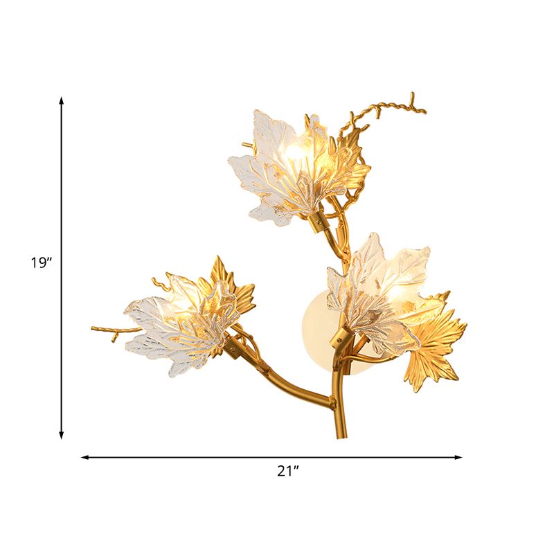 Colonialist Maple Leaf Wall Lamp 3-Light Clear Textured Glass Sconce Wall Lighting in Gold for Bedroom