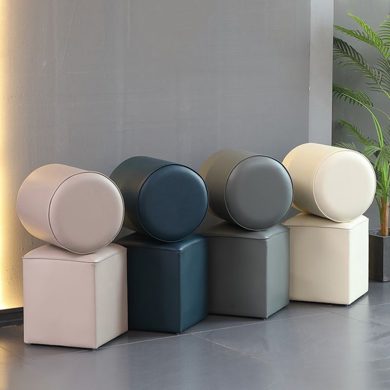 Contemporary Pouf Ottoman Genuine Leather Upholstered Solid Color Ottoman