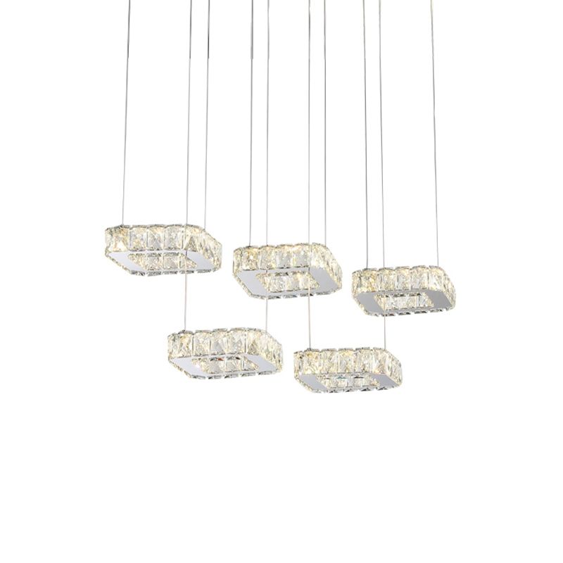 5 Heads Square Cluster Pendant Modernism Nickel Beveled Crystal Hanging Light Fixture
