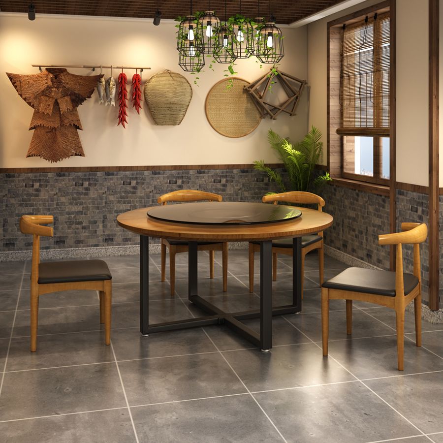 Contemporary Style Wood Dining Table Round Shape Table with Metallic Trestle Base
