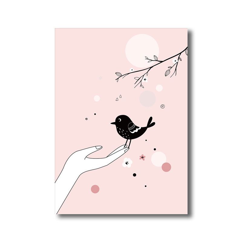 Kids Bird on Hand Canvas Print for Nursery Wall Decor in Pink, Multiple Size Options