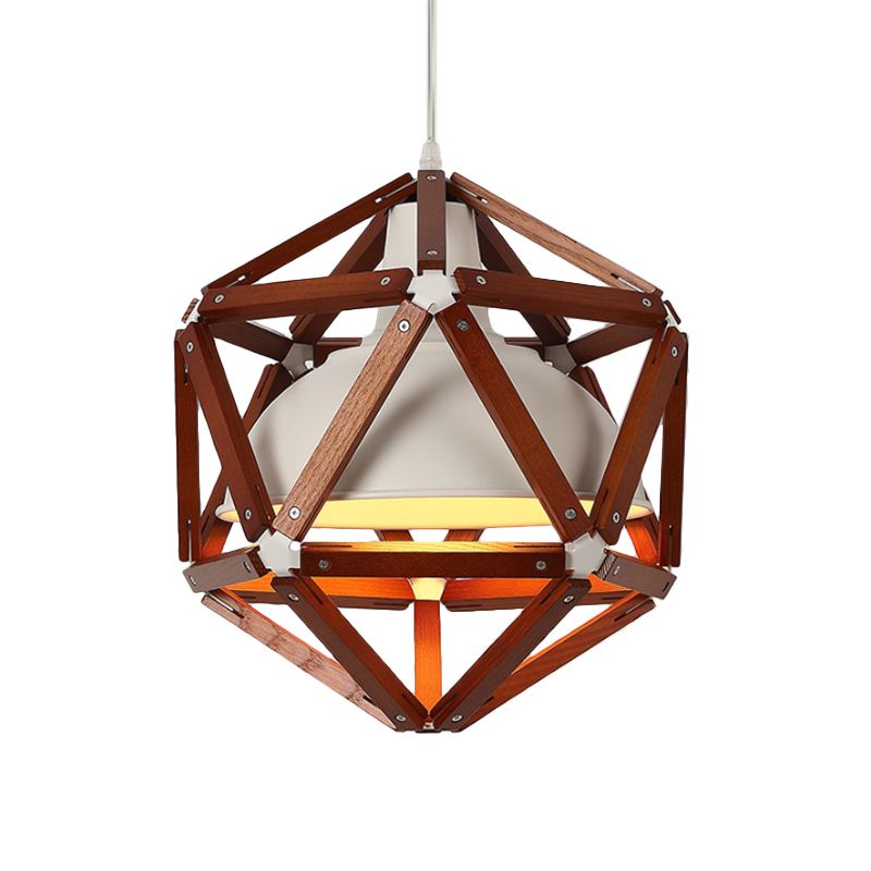 Geometric Kitchen Bar Hanging Light Wood 1-Light Modern Ceiling Pendant in Light/Dark Brown with Inner Bowl Metal Shade