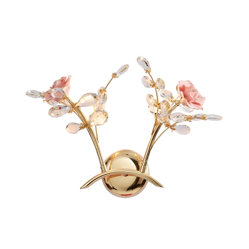 Rose Sconce Lamp with Crystal Leaf Vintage Metal 2 Lights Gold Wall Mount Light for Living Room