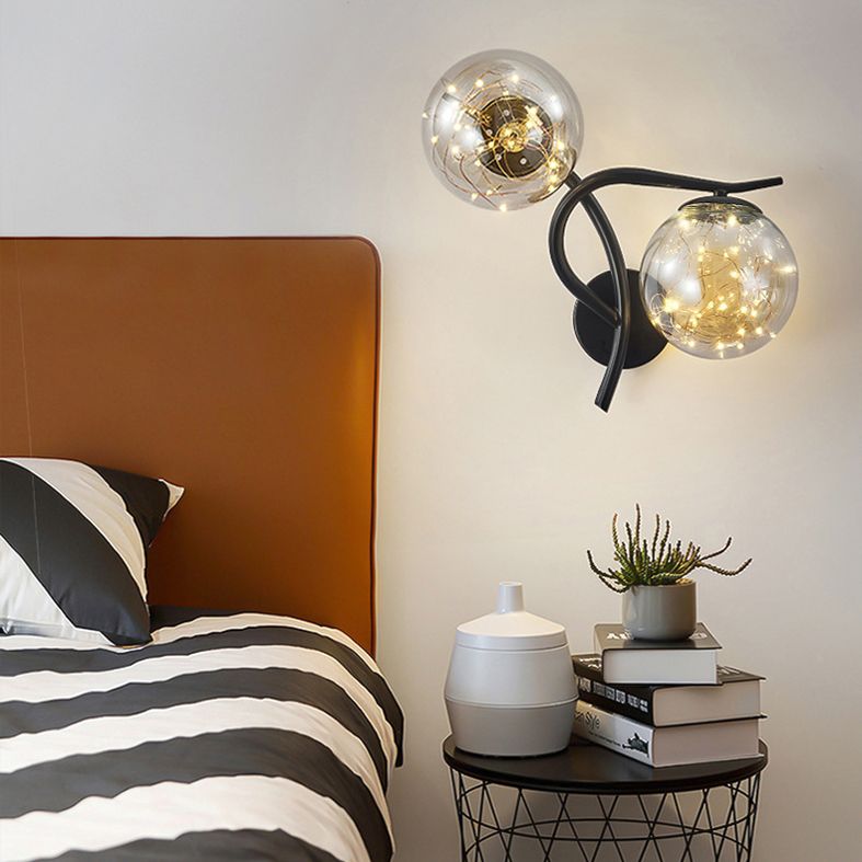 2-Lights Branch Metal Arm Sconce Lights Globe Glass Shade Nordic Style LED Wall Mount Lamp