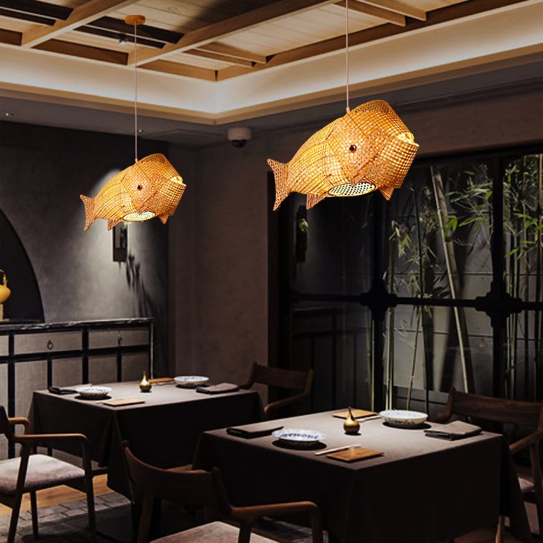 27.5" Wide Japanese Style Carp Hanging Light Bamboo Weaving Creative 1-Light Pendant for Restaurant