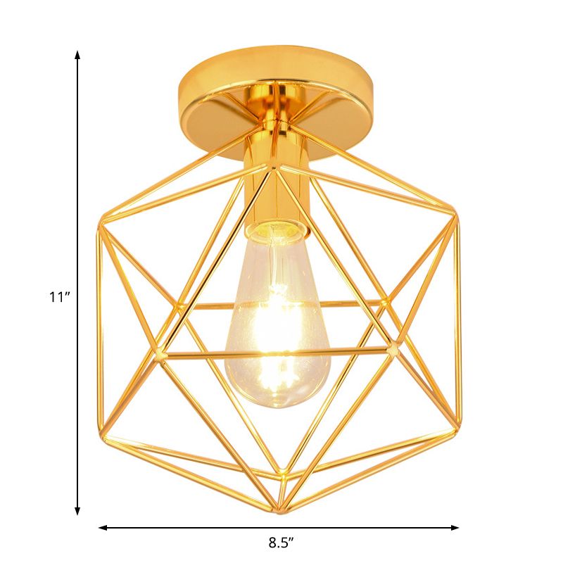 Gold One Light Ceiling Mount Industrial Metal Diamond Cage Semi Flush Light for Corridor