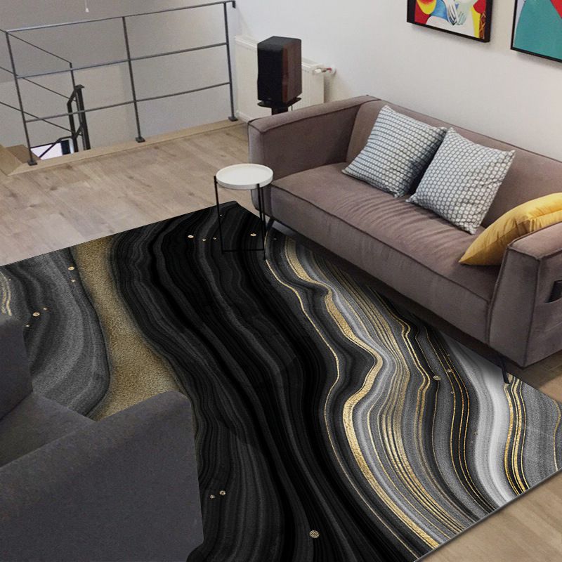 Novelty Modern Rug in Black and Gold Abstract Stone Grain Pattern Rug Polyester Washable Carpet for Home Decoration