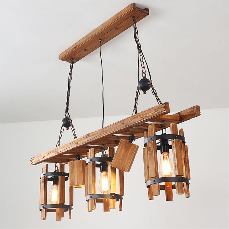 Gris / brun 5 lumières Drop Pendants Farmhouse Wood Cylinder Frame Island Éclairage avec design d'échelle