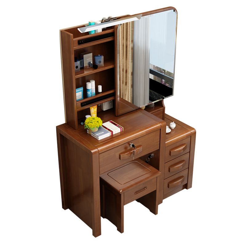 Traditional Solid Wood Make-up Vanity with Mirror and Stool,6 Drawers