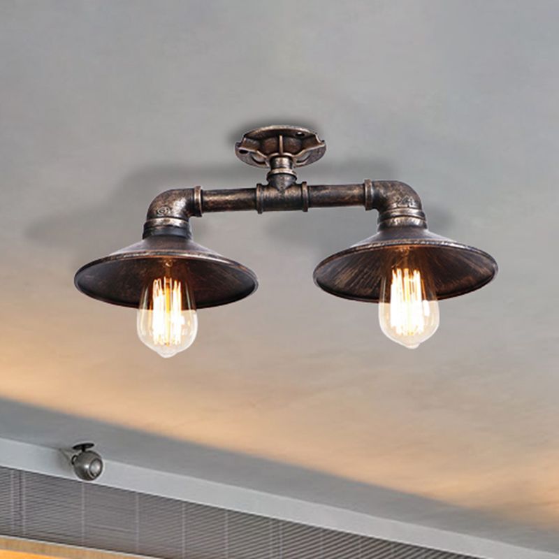 Platillo de hierro forjado, lámpara semiempotrada, estilo industrial, 2 luces, lámpara de montaje en techo para sala de estar, en bronce/plata envejecida