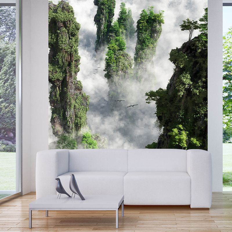 Foggy Cliffs Aerial View Mural Wallpaper Modernist PVC Wall Covering in Green for Home