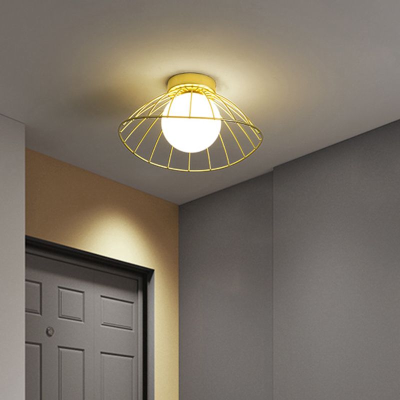 Iron Wire Saucer Shaped Flush Light Modern 1-Light Small Ceiling Mount Light with Ball White Glass Shade