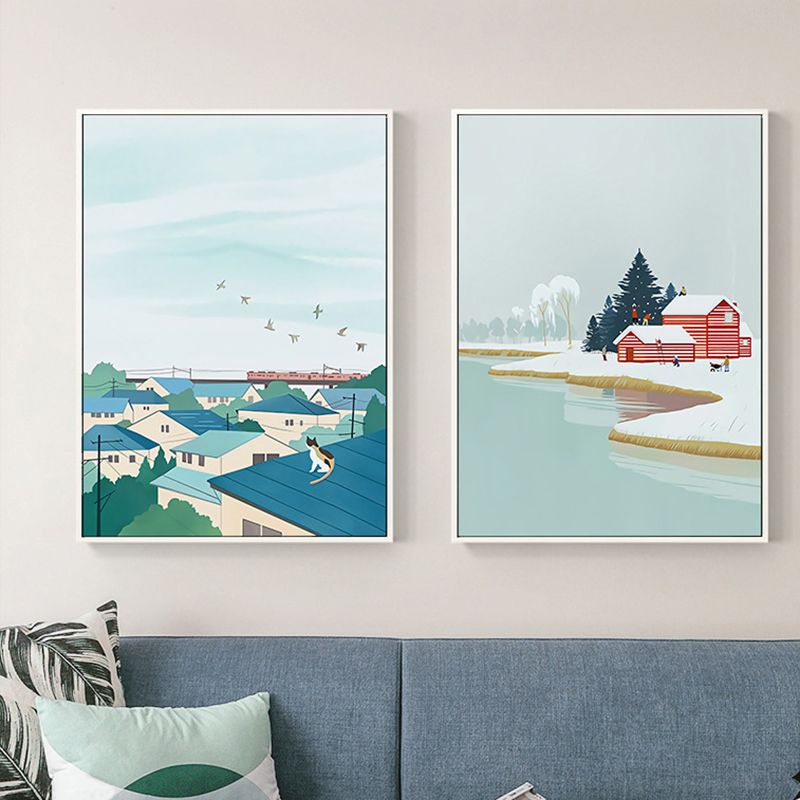 Illustration für Kinderkunst-Wanddekoration mit saisonaler Landschaft in hellen Farben für das Schlafzimmer