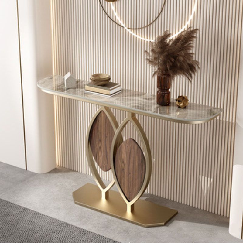 Glam Iron Accent Table Half Moon Stone Sofa Console Table for Hall