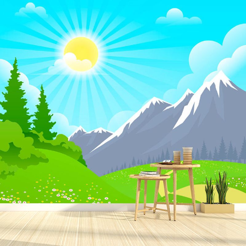 Cartoon Childrens Mural Wallpaper with Early Spring Mountain Pattern Blue-Yellow-Green Wall Art for Daycare