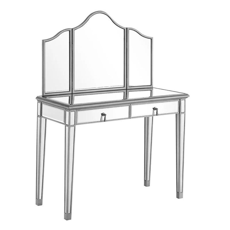 2 Drawers Mirrored Makeup Table and Stool Set Vanity for Women in Silver