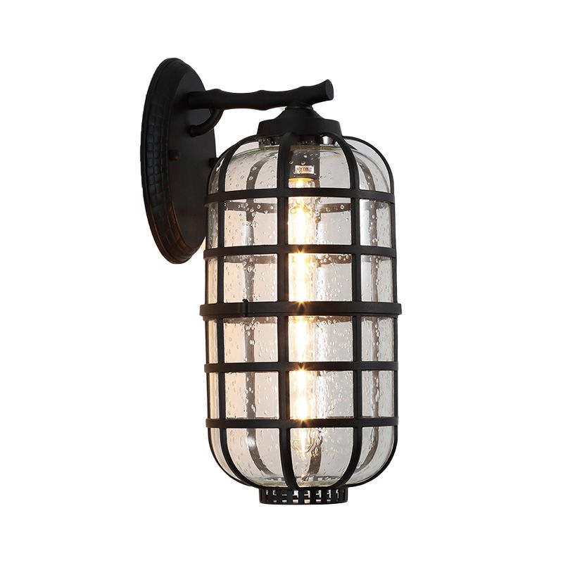 Caged Seedy Glass Wall Mounted Lamp Industrial Single Bulb Outdoor Sconce Light in Black/Bronze, 5.5"/6"/8" Wide