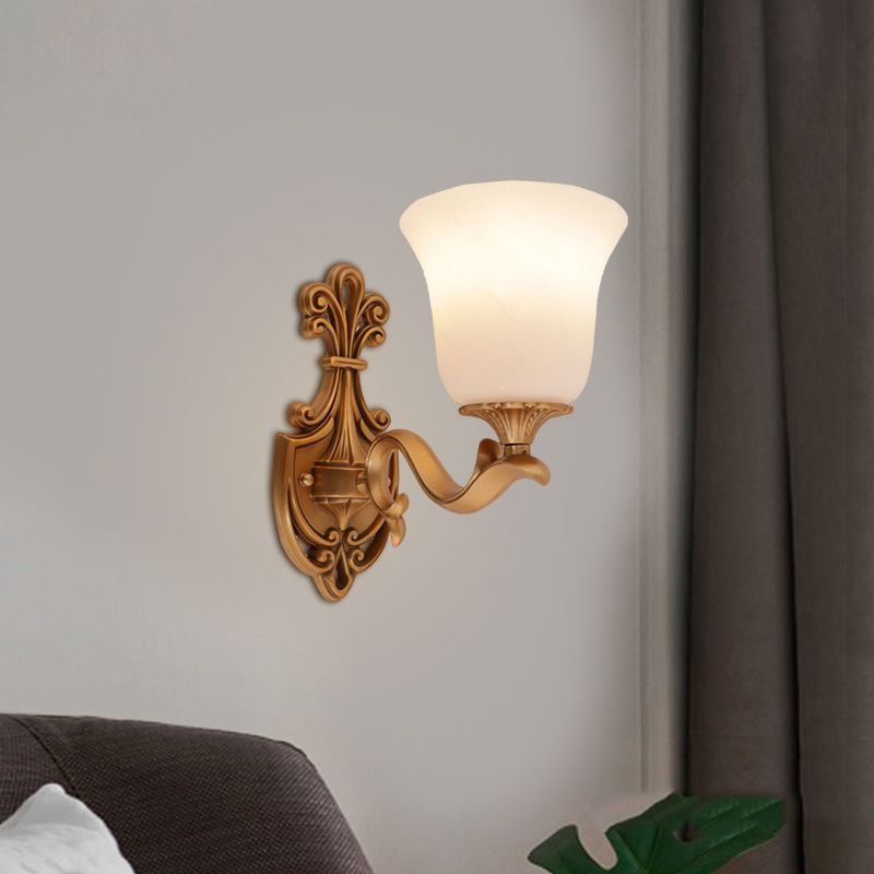 Brass 1 Hear Wall Light Countryside Opal Glass Bell Shaped Wall Sconce Lighting with Curvy Arm