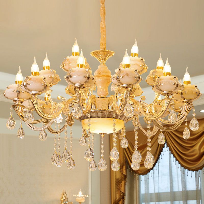 Floral Living Room Ceiling Pendant Rustic Jade Gold Chandelier Lighting Fixture with Crystal Draping