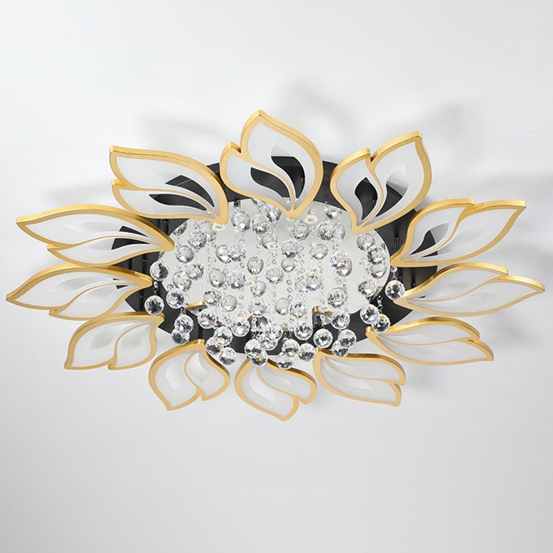 Gold Finish Flower Ceiling Lighting Contemporary LED Metal Semi Flush Mount with Crystal Ball
