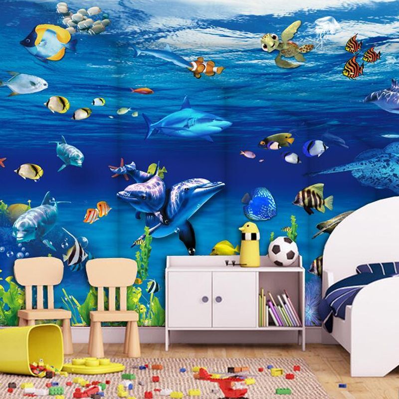 Undersea Animal Wall Mural Decal in Blue, Contemporary Wall Covering for Children's Bedroom