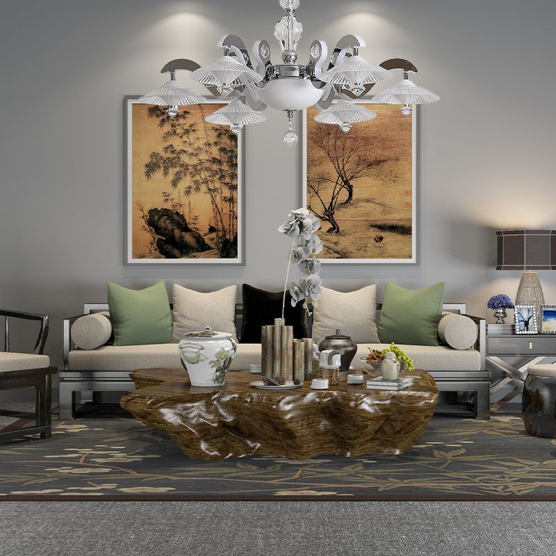 Flared Dining Room Pendant Ceiling Light Simple Ridged Crystal 6 Heads Chrome Hanging Chandelier