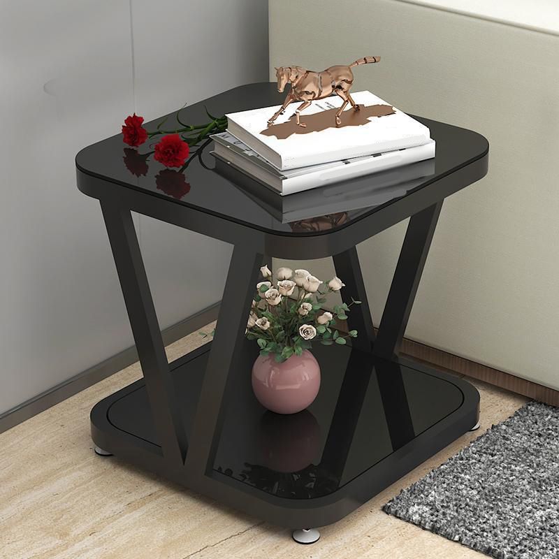 Modern Metal and Glass End Table Square Trestle End Table for Living Room