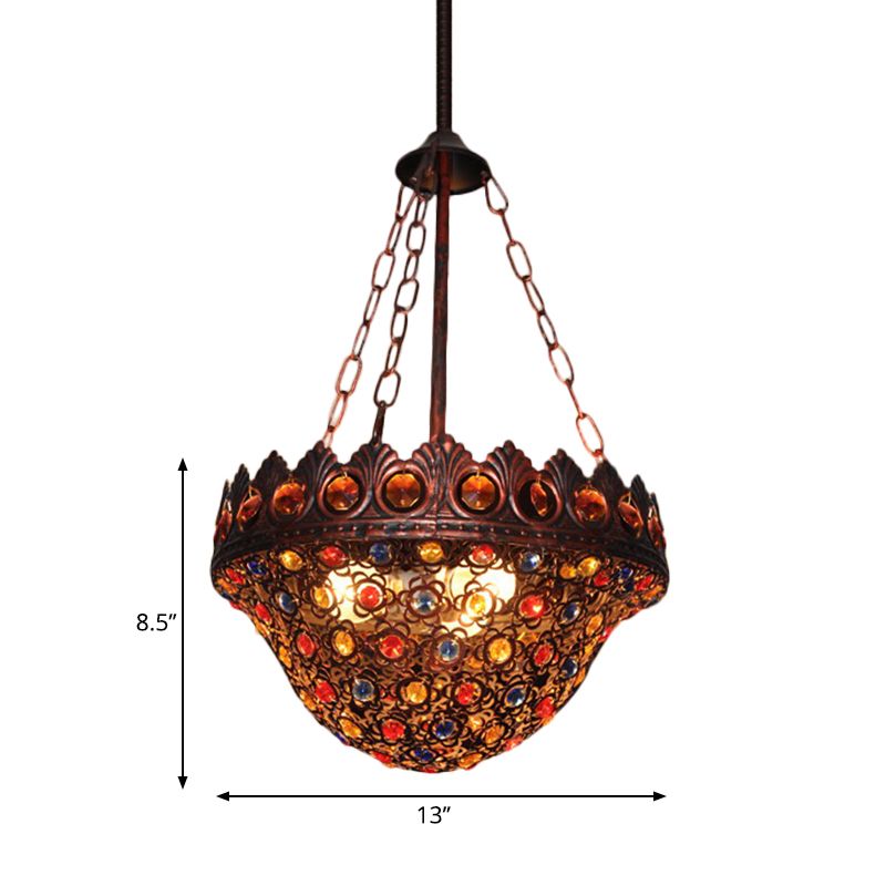 Bohemia Bowl Ceiling Light Crystal and Metal 3 Lights Suspension Lamp in Rustic Copper for Corridor