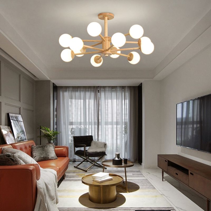 Modern Simplicity Globe Chandelier Wooden Indoor Pendant Light with White Glass Shade