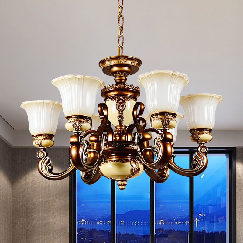 Curvy Arm Living Room Suspension Lighting Antiqued Metallic 6/8 Heads Brown Pendant Chandelier