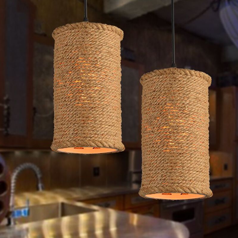 Beige landelijke retro creatieve hanglamp touw cilinder hanglampen voor restaurant