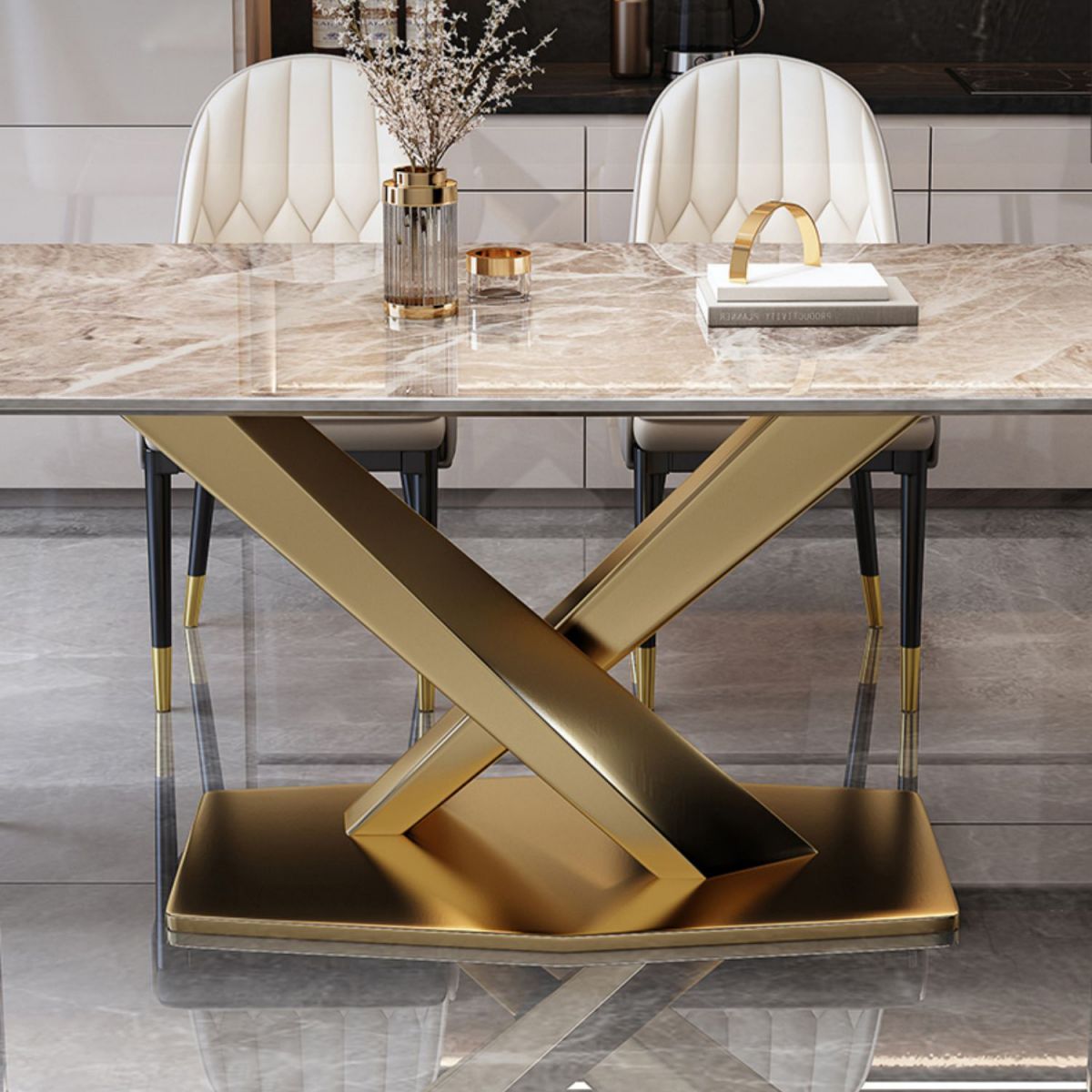 Sintered Stone Modern Dining Room Set with Rectangle Table and Metal Base Dining Set