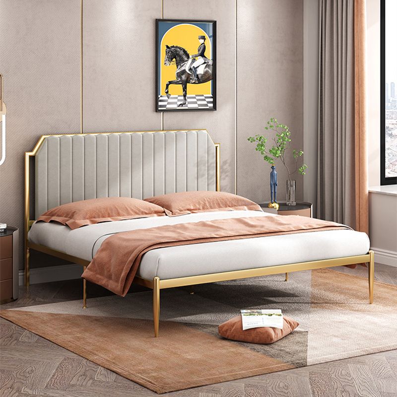 Leather Bed,Queen Metal Frame Panel Bed with Scooped Headboard