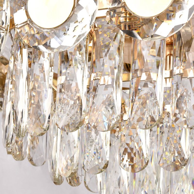 Drum Faceted Crystal Hanging Chandelier Contemporary 9 Heads Brass Ceiling Pendant Light