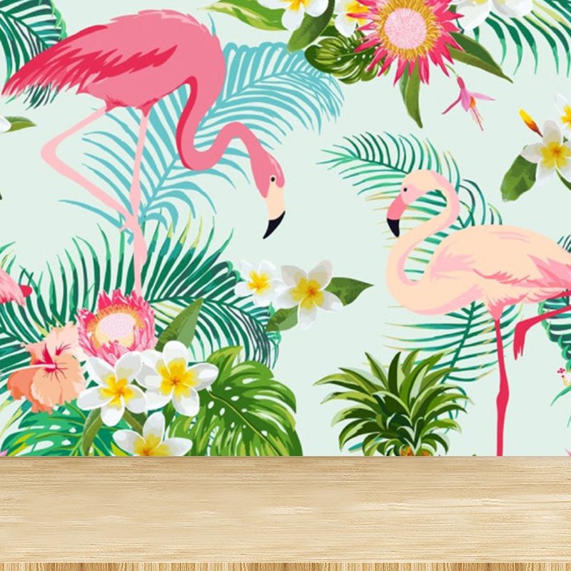 Standing Flamingos Mural Wallpaper for Dining Room, Green, Custom Size Available