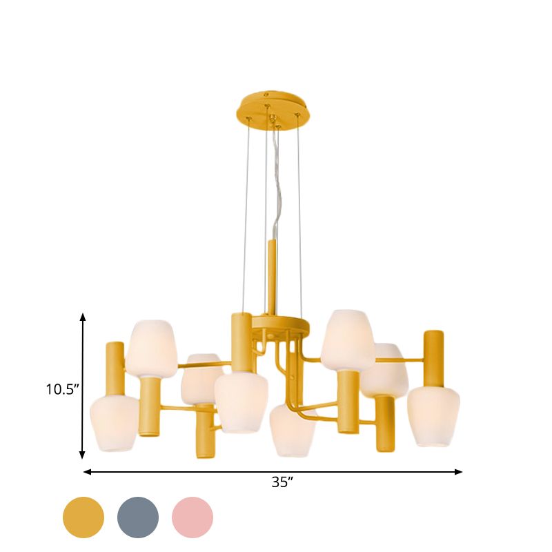 8 lampen lounge plafond kroonluchter macaron roze/geel/blauw hangende lamp met omhoog fles melkglas schaduw