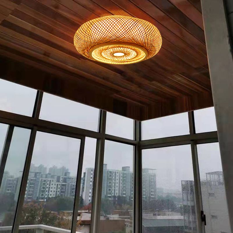 Drum Bamboo Flush Mount Lamp Asian Style Ceiling Lamp for Sitting Room