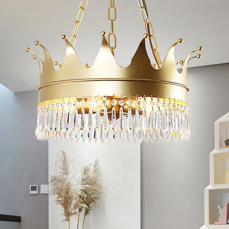 Gold 5 cabezas de lámpara iluminación tradicionalismo de cristal facetado corona colgante de techo para dormitorio
