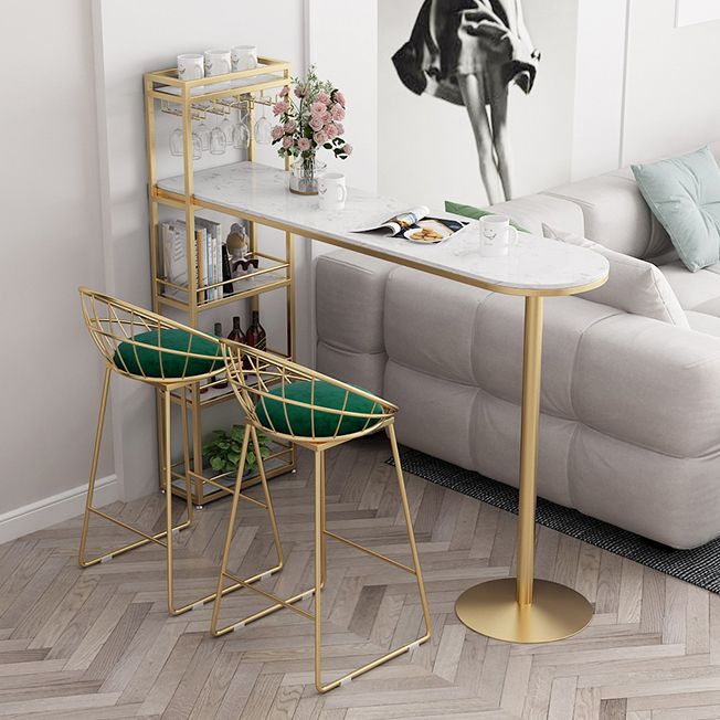 Contemporary Bar Dining Table Indoor Marble Top Bar Table Iron Base with Shelves
