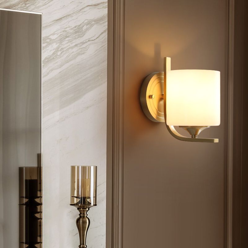 1 Light Drum Shade Wall Sconce Light Modernism Style White Glass Wall Lamp in Brass for Bedroom