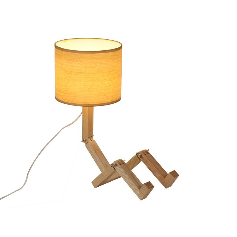 Man-Shaped Table Lamp Novelty Modern Wood Single Beige/Black/White Night Light with Book Rack Design and Cylinder Fabric Shade