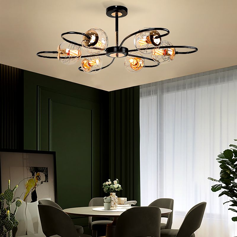 Black Floral Swirl Chandelier Minimalist Clear Ball Glass Pendant Light for Living Room
