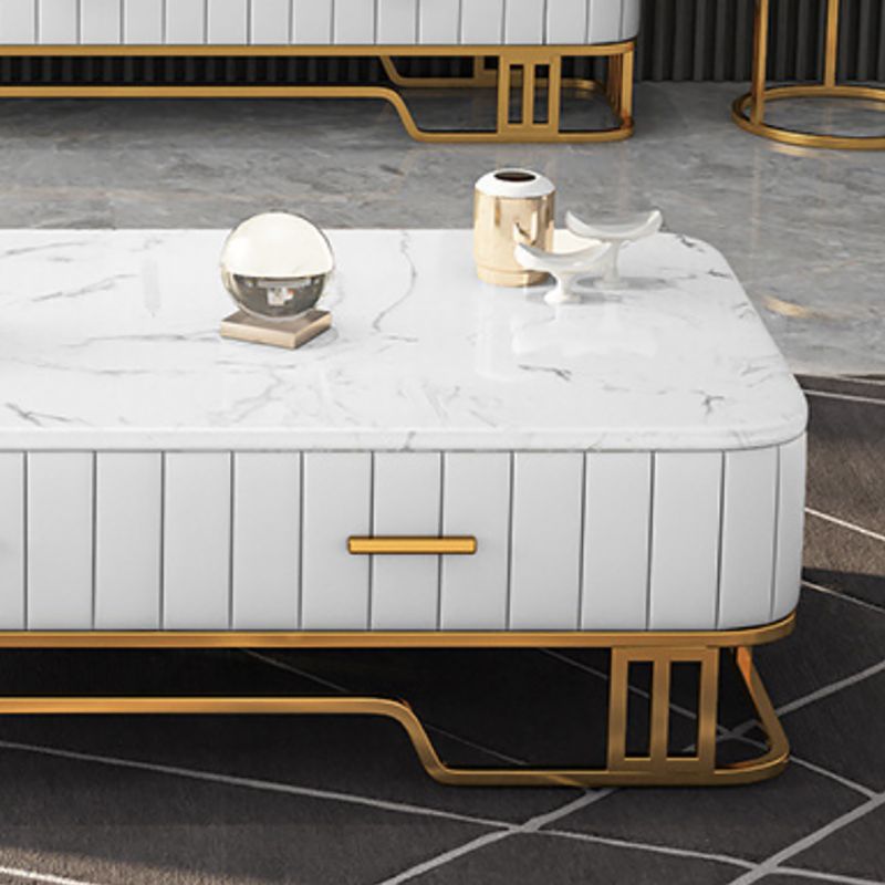 Glam Iron Frame Base Coffee Table with White Marble Top and 2 Drawers