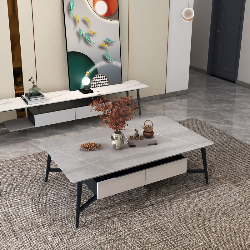 4 Legs Slate Cocktail Table Shelf Included Rectangular Coffee Table