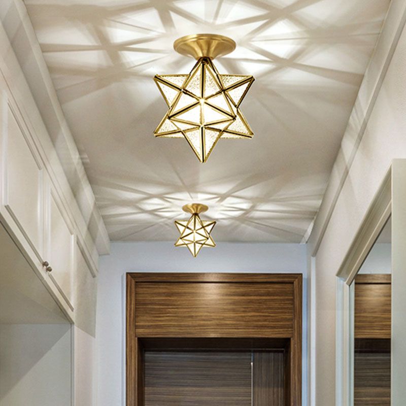 Lámpara de techo de latón y vidrio estilo colonial vintage, lámpara de techo con forma de estrella de cobre para pasillo