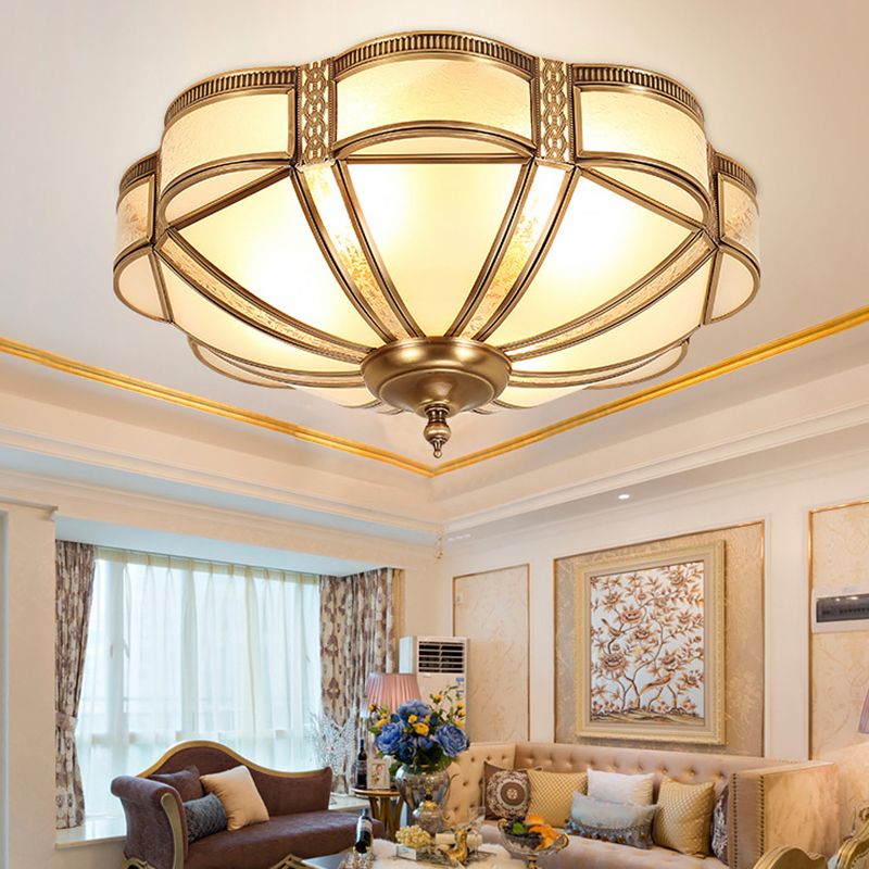 Style Colonial 1 Lumière Plafonnier En Cuivre Abat-Jour En Verre Blanc Plafonnier Chambre Salle À Manger