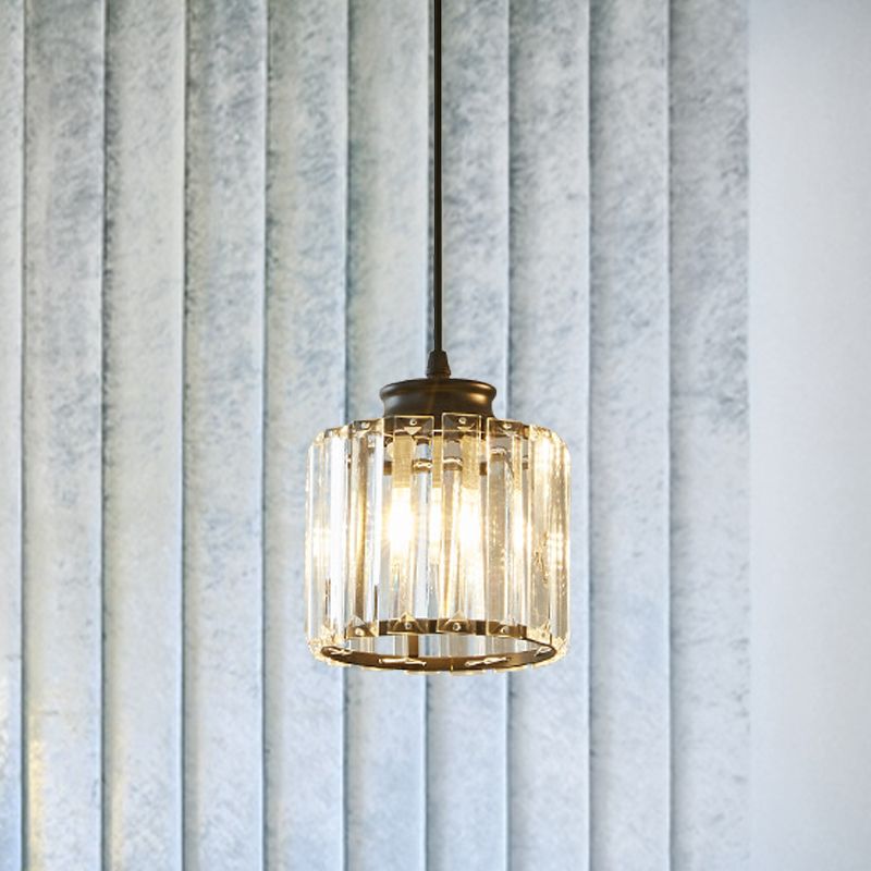 Black Drum Pendant Light Modernist 1 Head Clear Crystal Ceiling Hang Fixture for Living Room