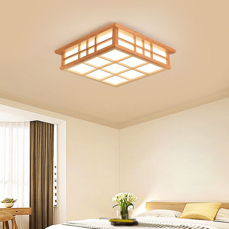 Square Ceiling Light Wooden LED Ceiling Mount Light with Acrylic Shade for Living Room