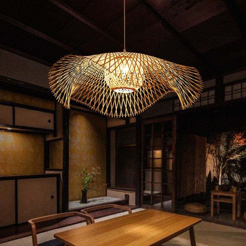 Simplicity Lotus Leaf Suspension Light Bamboo 1-Light Restaurant Pendant Light in Wood