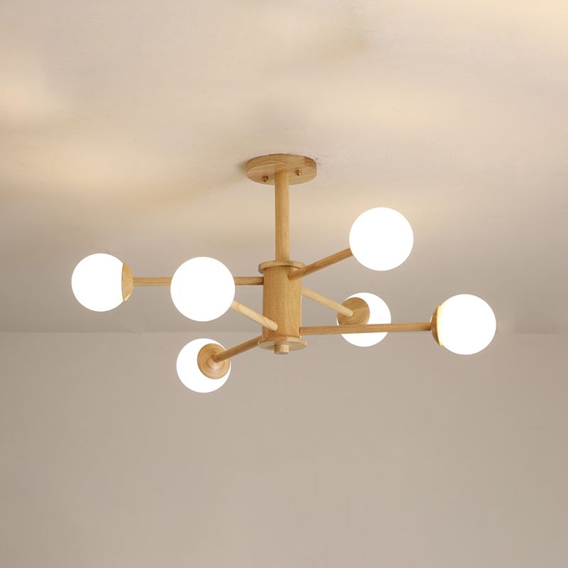 Nordic Pendant Light Fixture Globe Glass Living Room Chandelier in Wood